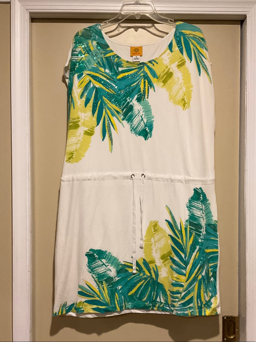 Ruby Rd. Tropical teal & lime Leaf Print Drawstring Waist Dress 16